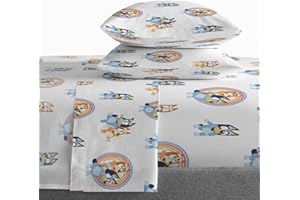 Saturday Park Bluey and Bingo Rainbow Clouds Queen Sheet Set - 4 Piece 100% Organic Cotton Sheets with Pillow Cover- GOTS & Oeko-TEX Certified