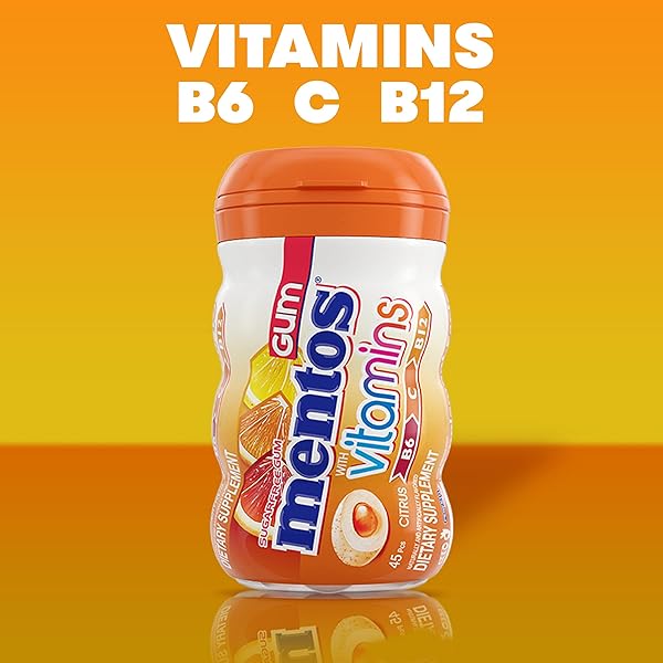 MENTOS VITAMINS GUM, SUGAR FREE GUM WITH VITAMINS AND XYLITOL SWEETENER, CITRUS, 45 COUNT BOTTLE, 6 BOTTLES