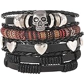 CJFENGD Viking Bracelet 4Pcs Leather Braided Bracelet Set Gothic Skull Heart Charm Multilayer Woven Cuff Wristband for Punk Streetwear (Adjustable)