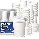 Fit Meal Prep 100 Pack 8 oz Disposable Coffee Cups with Lids, Premium Paper To Go Cups for Hot/Cold Beverages, Leak Proof Travel Cups for Cold/Hot Beverage, Office (White Lids)