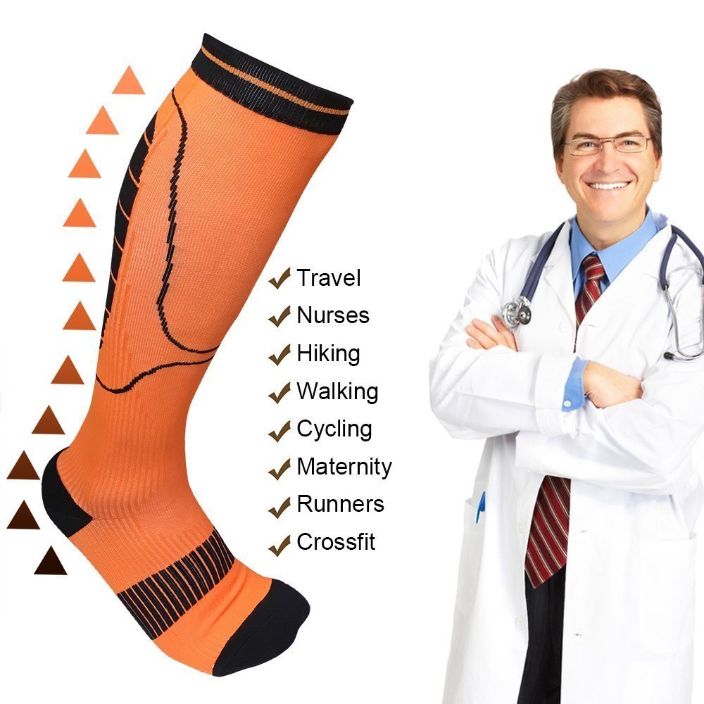 Compression Socks Men and Women, Qhui Graduated Athletic Sport Socks for Running, Medical, Nursing, Athletic, Crossfit, Flight Travel (Orange-L)