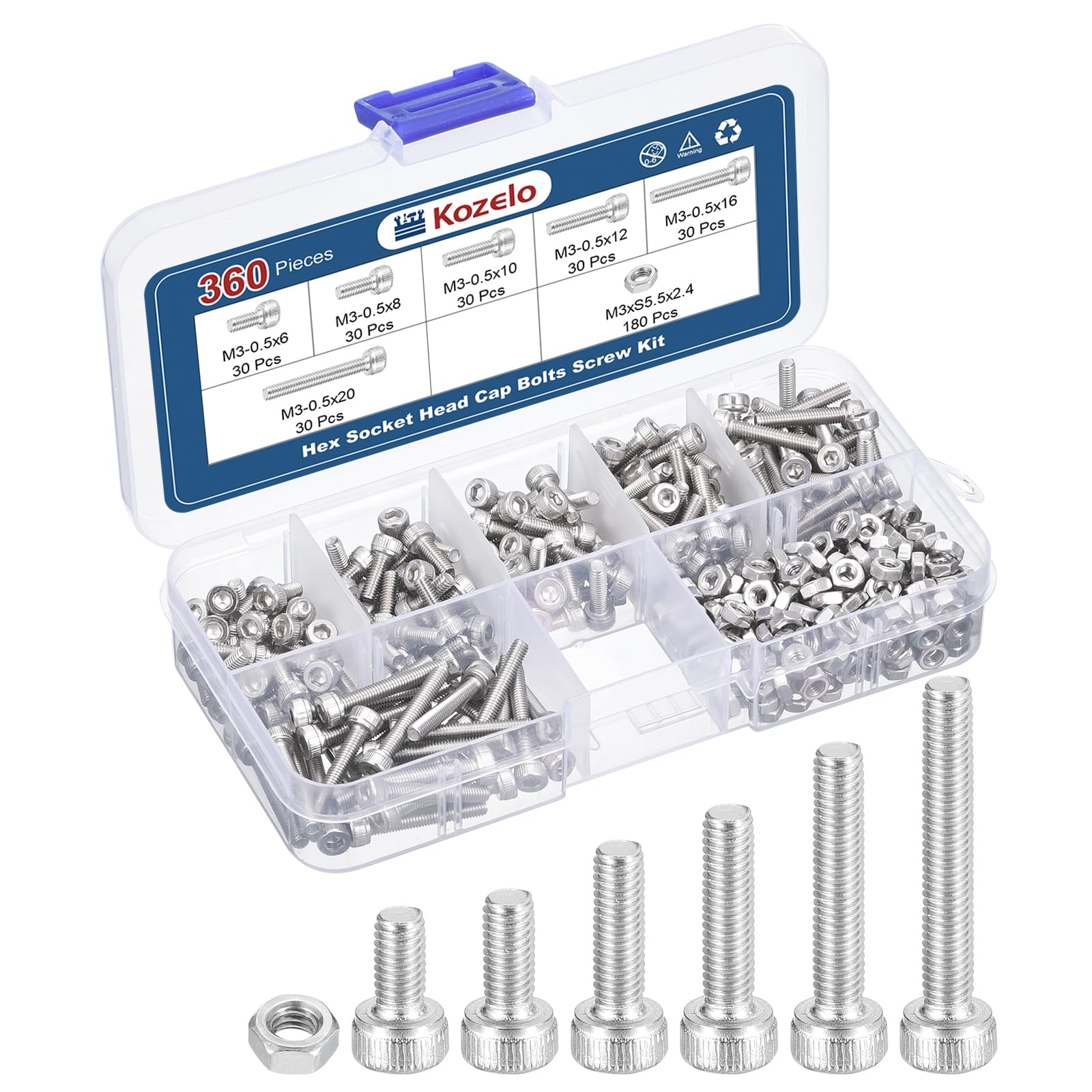 Kozelo 360pcs M3 Socket Head Cap Screws Bolts Nuts Assortment Kit - [M3x6/8/10/12/16/20mm] 304 Stainless Steel Allen Socket Drive for 3D Printer