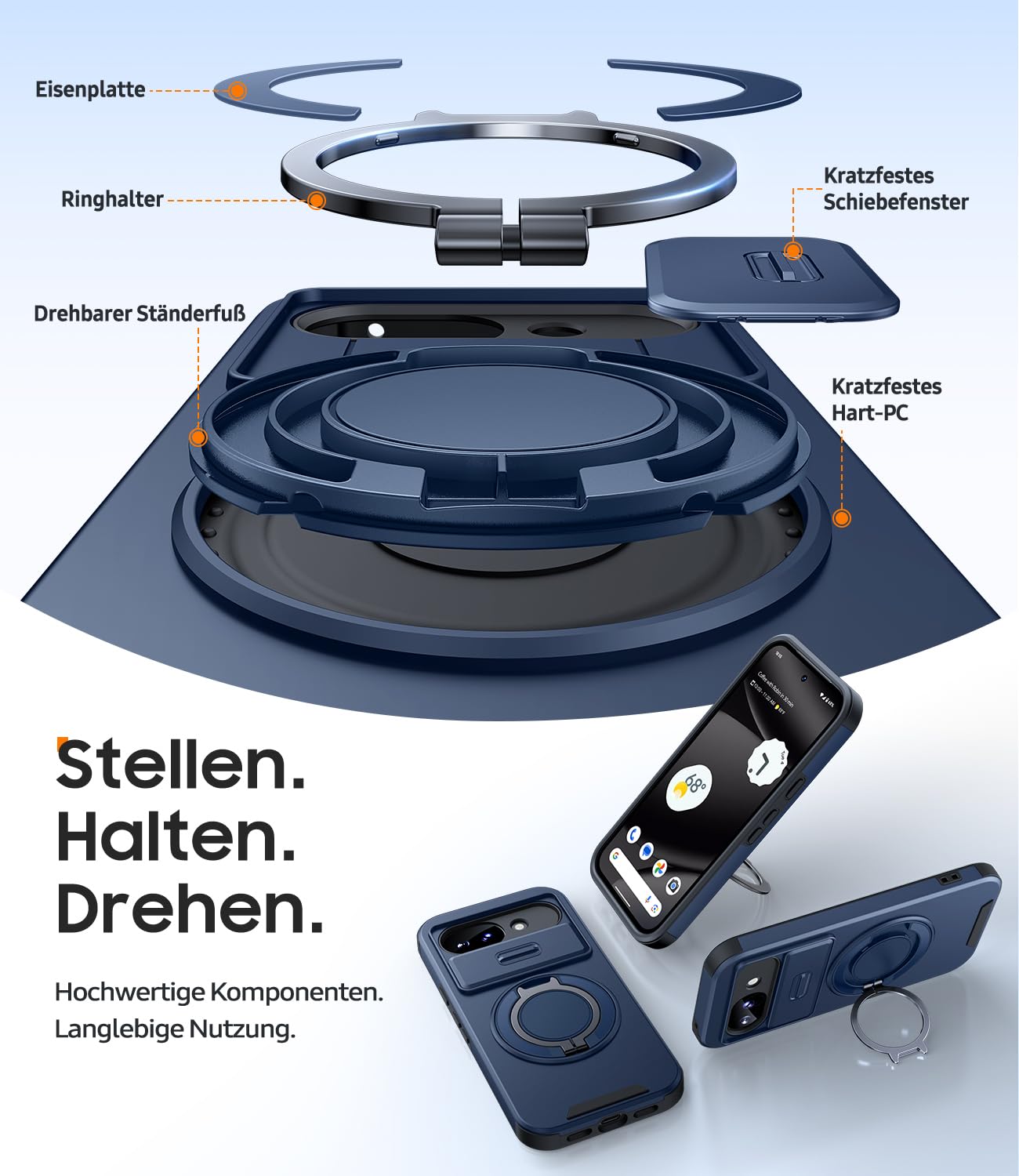 AOUIA für Google Pixel 10A Hülle mit 2X Panzerglas, Kameraschutz, 360° Ringständer, Unterstützt kabelloses Laden, Stoßfest nach Militärstandard Handyhülle für Pixel 10A, Blau 6