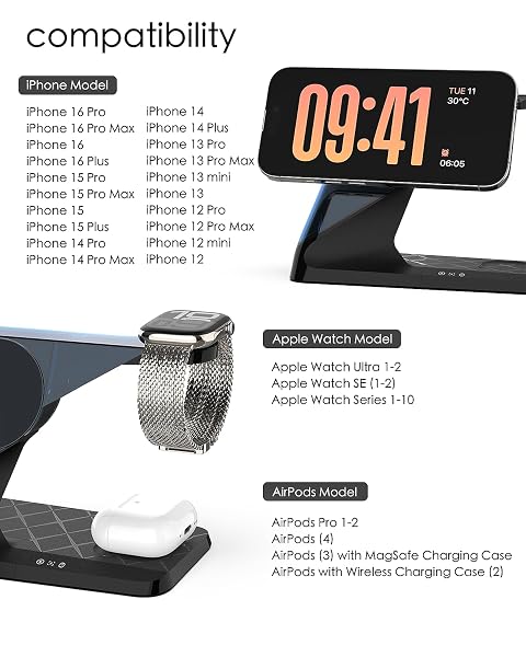 3 IN 1 CHARGING STATION FOR APPLE DEVICES, MAG-SAFE CHARGER STAND, WIRELESS CHARGER FOR IPHONE 16/15/14/13/12 SERIES,& AIRPODS,& IWATCH, ADAPTER NOT INCLUDED