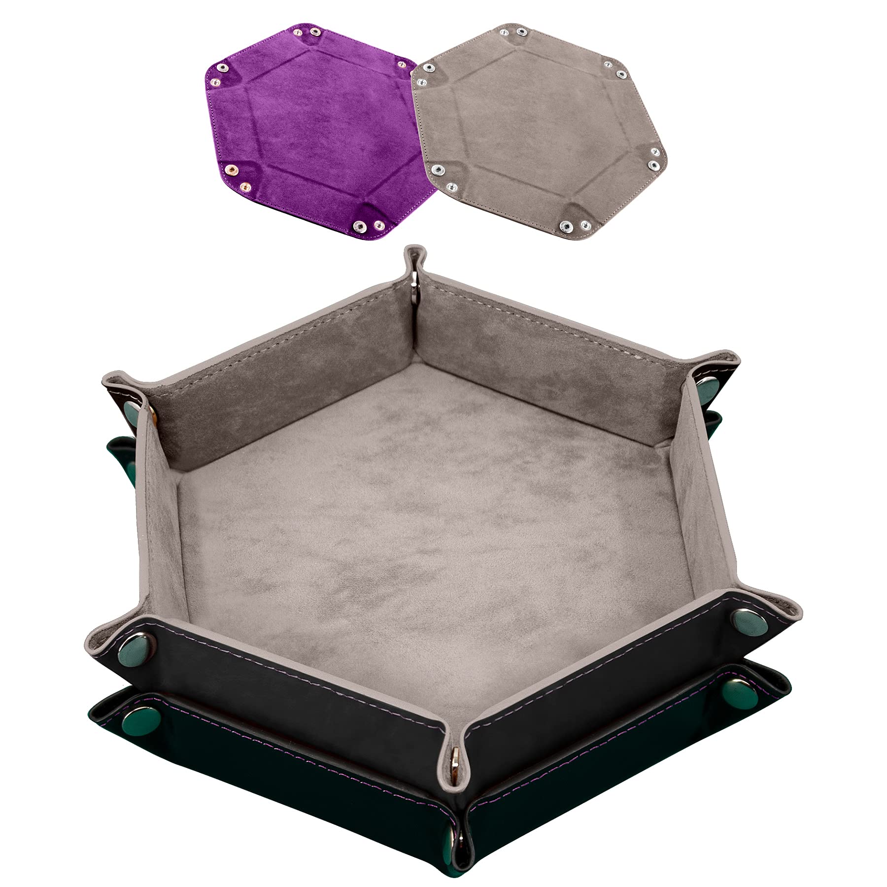 SIQUK 2 Pieces Dice Tray Hexagon Dice Folding Tray PU Leather Velvet Dice Holder for Dice Games like RPG, DND, and Other Table Games, Grey and Violet — image 1