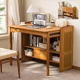 Folding Home Desk, Space-saving Sofa Table, With Storage Shelves, Ideal For Compact Spaces, Perfect For Offices, Home Offices, Bedrooms, And Living Rooms(Tea brown,97cm/38.2in long)