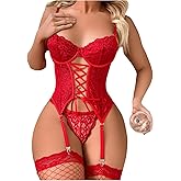 WDIRARA Women's Sexy Lingerie Set Floral Lace Garter Bustier Lingerie Set with 1Pair Fishnet Stocking