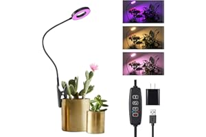 RWNTAO Balck Pot Clip Plant Grow Light, Red+Blue+Yellow Full Spectrum 48 LEDs Plant Lamp with 360°Gooseneck, 3/9/12H Timer & 10 Dimmable Levels and Adapter, One Head Halo Ring Plant Lamp