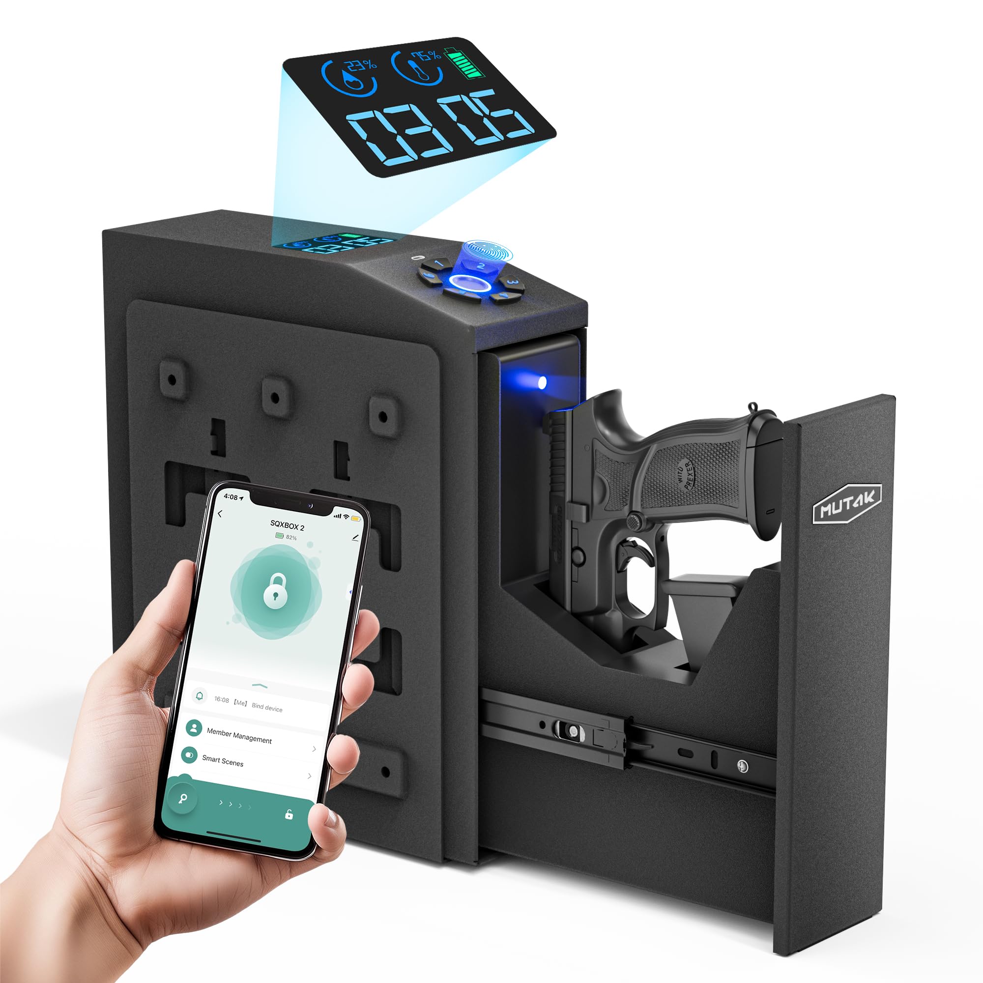 Photo 1 of Mutak Biometric Gun Safe for Handgun with LCD Screen for Nightstand, Desk, Bed Side,Truck - Auto Sliding Door Hand Gun Safe for Pistol with APP/Fingerprint/PIN Code/KEY
