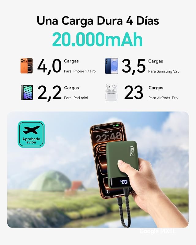Power Bank, Pequeño 20000mAh 22,5W Carga Rapida Bateria Phone Externa