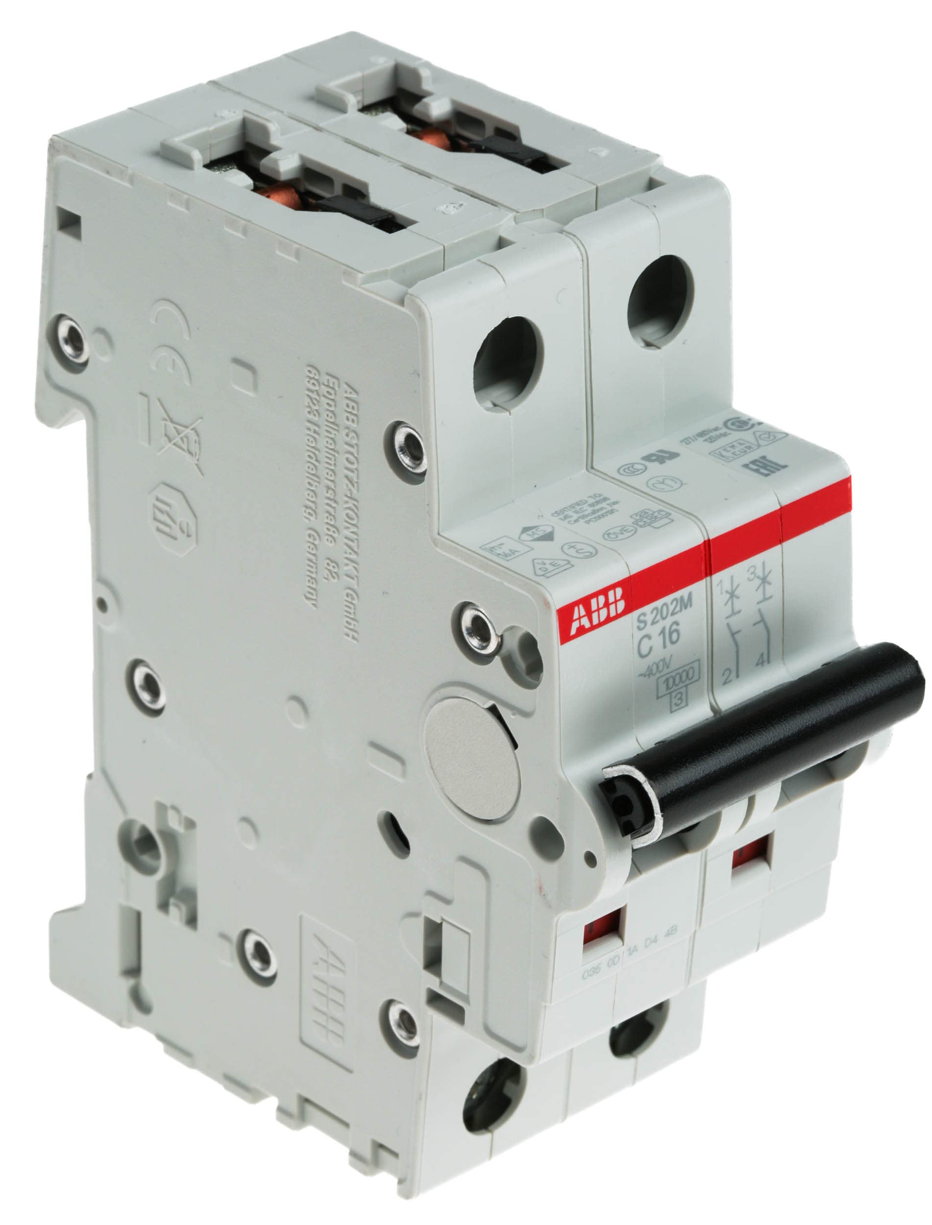 ABB S202M-C16 Miniature Circuit Breaker, 2 Pole, Type C, 10/15kA Breaking Capacity, 16 Amp Current (2CDS272001R0164)