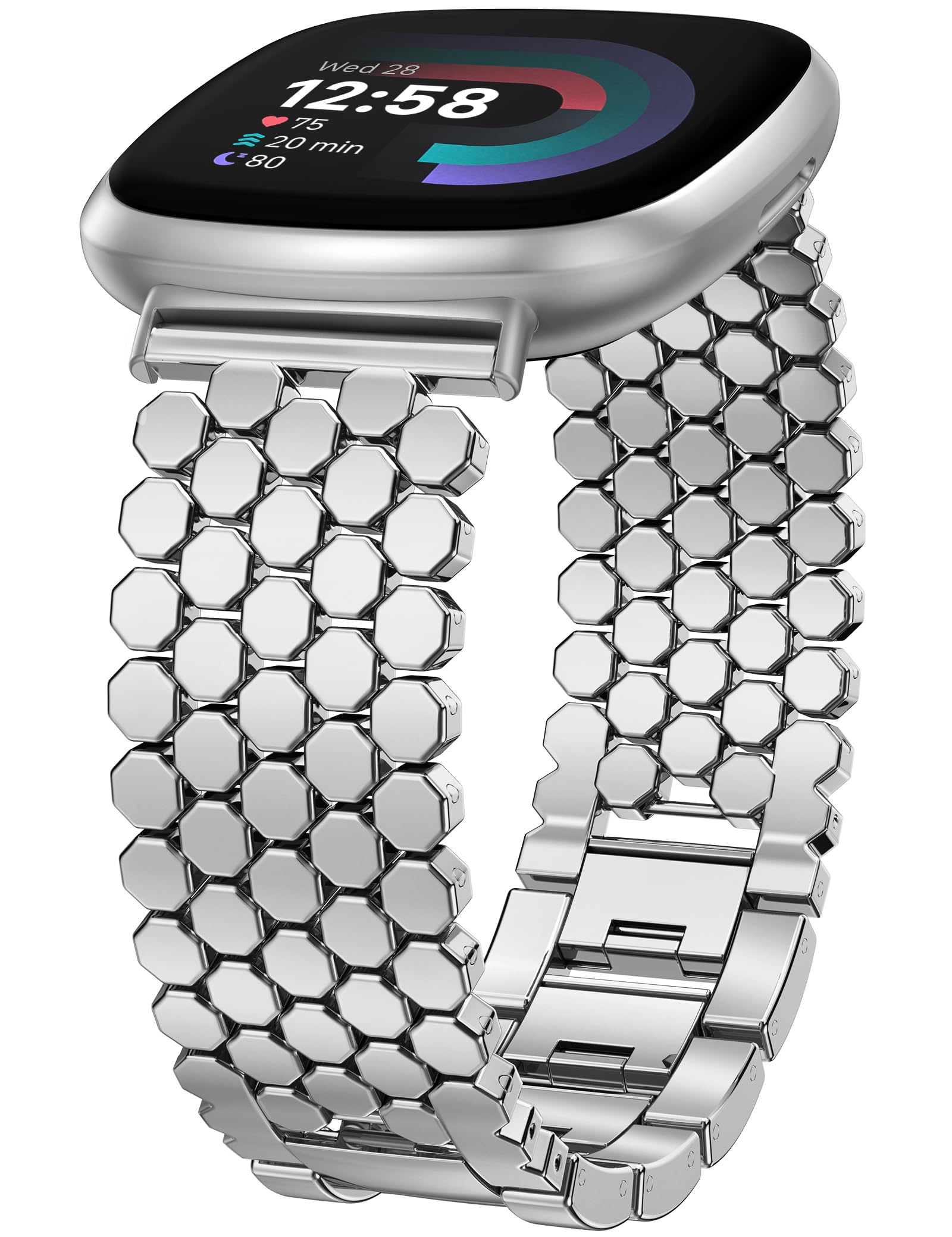 Photo 1 of Minyee Metal Bands Compatible with Fitbit Versa 4/Sense 2/Versa 3/Sense Bands Women, Dressy Stainless Steel Silver Honeycomb Designer Starlight Link Bracelet Wristband Replacement Strap for Versa 3