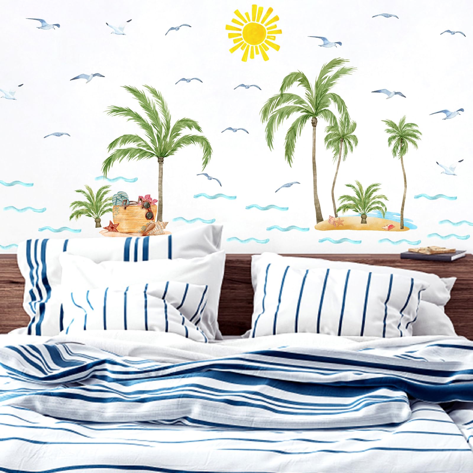 MOSITU Palm Tree Wall Stickers 47 Pcs Large Tropical Coconut Watercolour Sun Seagull Waves Beach Decals Removable Vinyl for Bedroom Living Room Spring Summer Decor