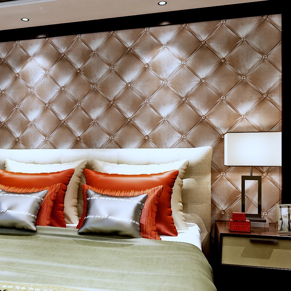 Hanmero Vintage 3D Faux Leather Textured Lattice Wallpaper Vinyl Wall Paper Mural 20.8" x 393.7" for Living Room TV Background Brown