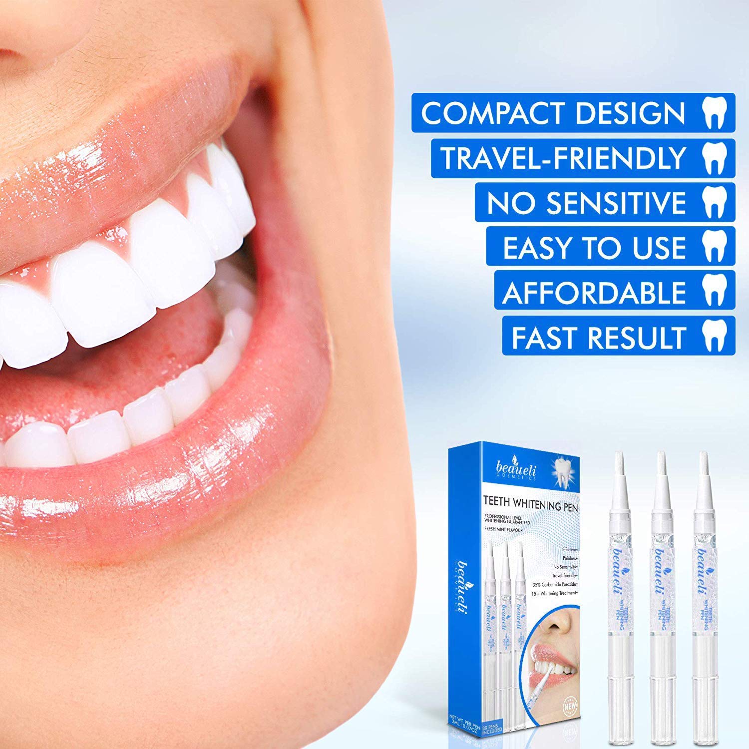 Beaueli Teeth Whitening Pen, 3 Pack, 35% Carbamide Peroxide, Natural Mint Flavor, Glycerin Drops, Safe, Easy to Use, Effective, Painless, Travel Friendly, No Sensitivity, Beautiful White Smile : Toothpastes : Beauty