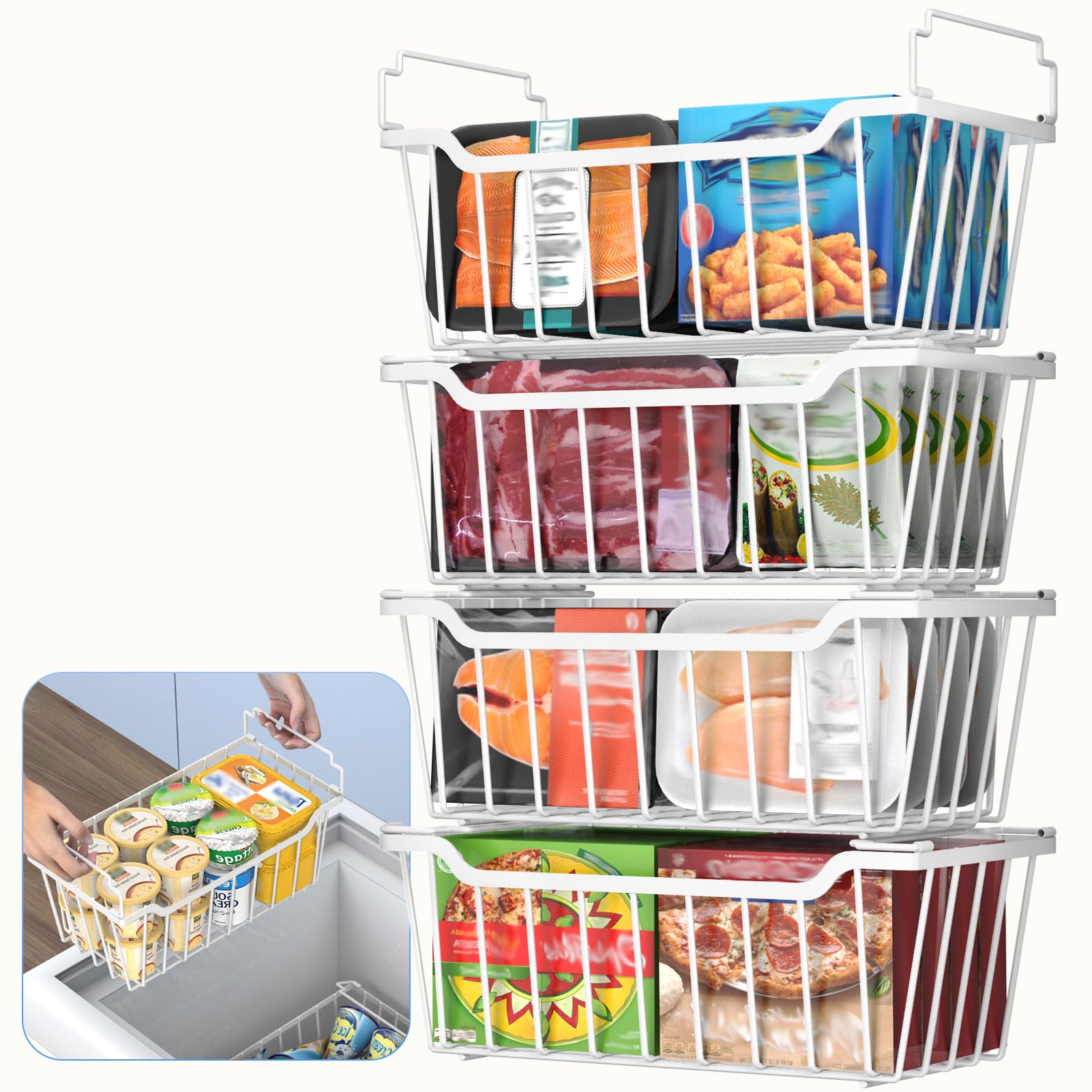 Goovilla Freezer Organizer Bins with Foldable Handle, 4 Pack Stackable Freezer Baskets for 3.5-7 Cu.FT Deep Chest Freezer Organization, White Metal Freezer Storage Bins with Better Space Utilization