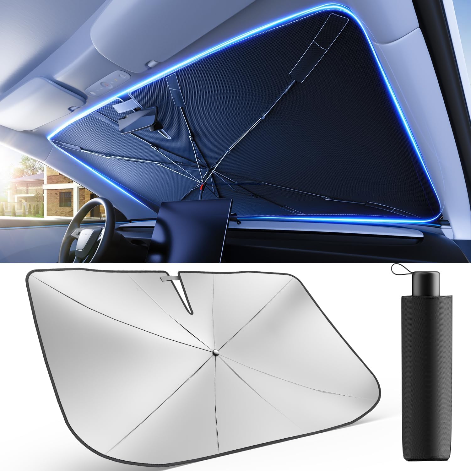 Photo 1 of [2025 Upgrade] Weektic Windshield Sun Shade Umbrella [Urethane Coated Heat Shield] Ultimate Cooling Car Sun Shade Protect Interior from Sun Rays & Keep Cool, Medium(57" L x 31" W)