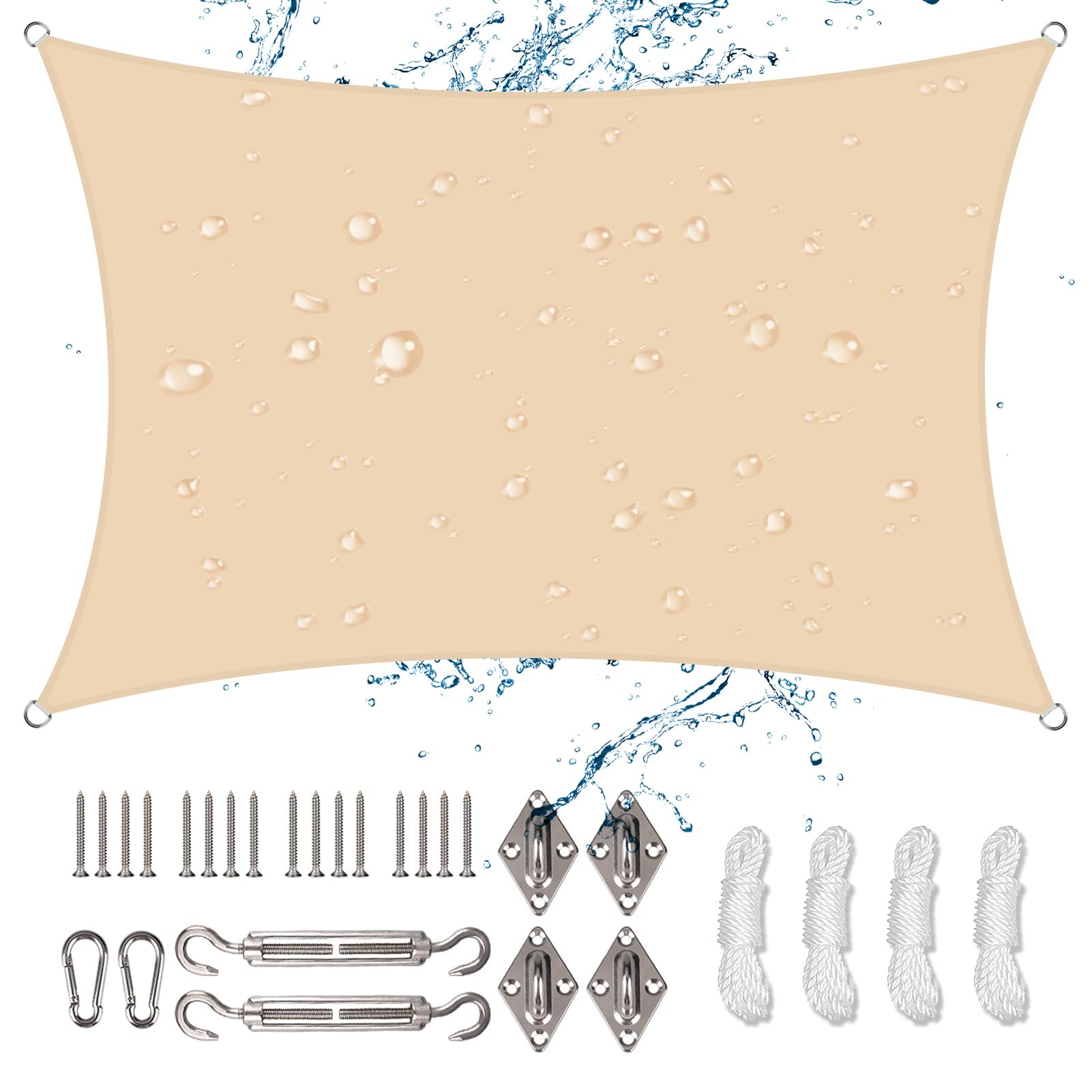 Waterproof Shade Sail with Rope Fixing Kits, 2x3m Rectangle Sun Shade Sail 98% UV Block Awning Canopy for Garden Patio (Yellowish)