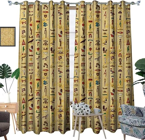 Warm Family Egyptian Window Curtain Drape Colorful Ancient Hieroglyphics on Papyrus Old Paper