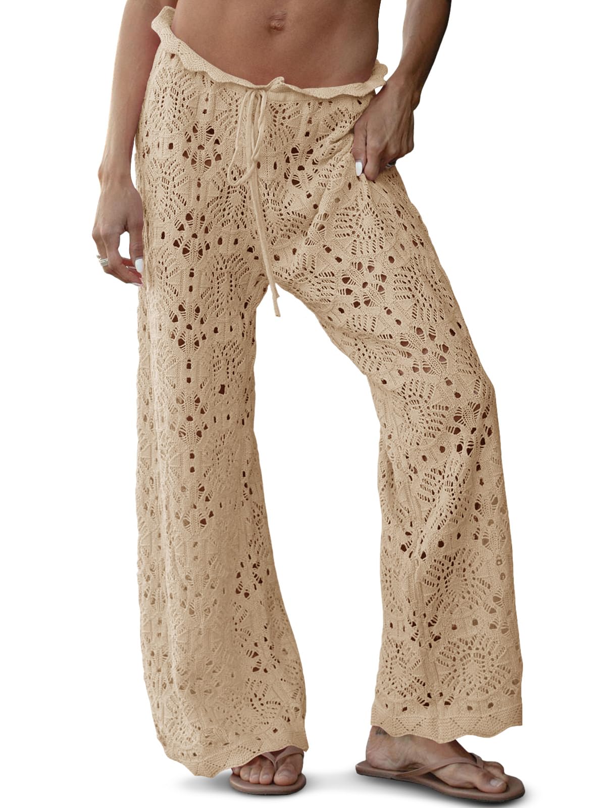 Photo 1 of Saodimallsu Womens Crochet Swimsuit Coverup Pants High Waisted Drawstring Sexy Sheer Mesh Knit Wide Leg Beach Pants Light Khaki