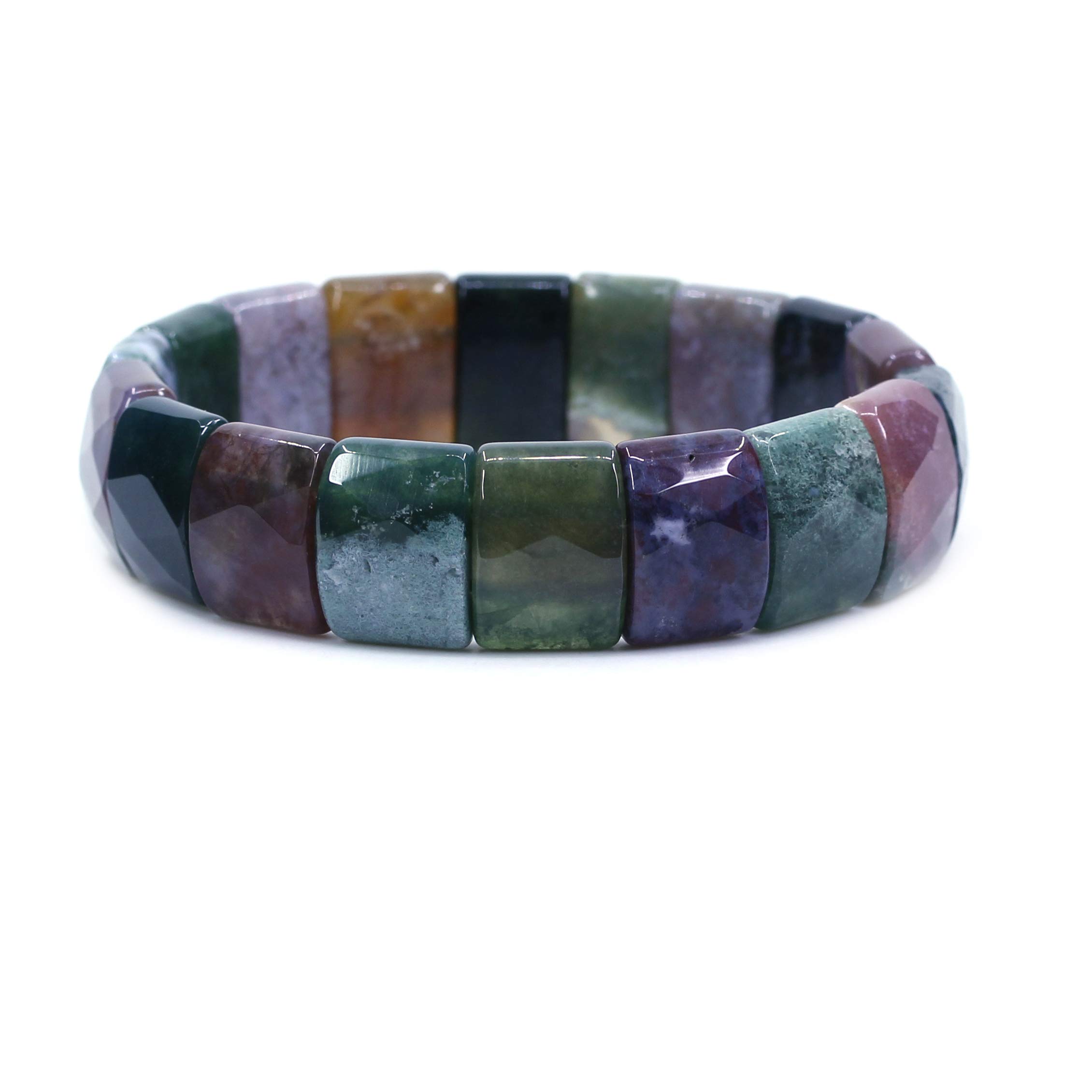 CHENYUE Natural India Agate Gem Semi Precious Gemstone 15mm Faceted Square Grain Beads Stretch Bracelet 7.5 Inch