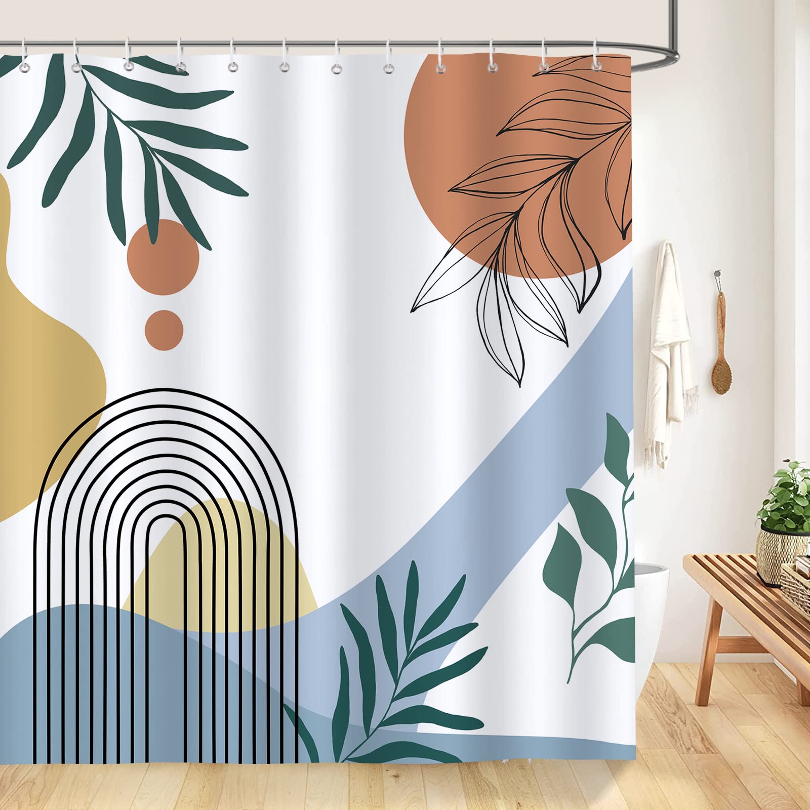 Bonhause Mid Century Abstract Shower Curtain Boho Arch Leaves Modern Minimalistic Bathroom 180 x cm Waterproof Mildew & Mould Resistant Polyester Fabric Bath with 12 Hooks (BHS0113) — image 1