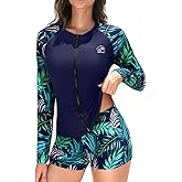 Holipick 2 Piece Rash Guard for Women - Long Sleeve Swimsuit with Shorts UPF 50+ Zipper Swim Shirt