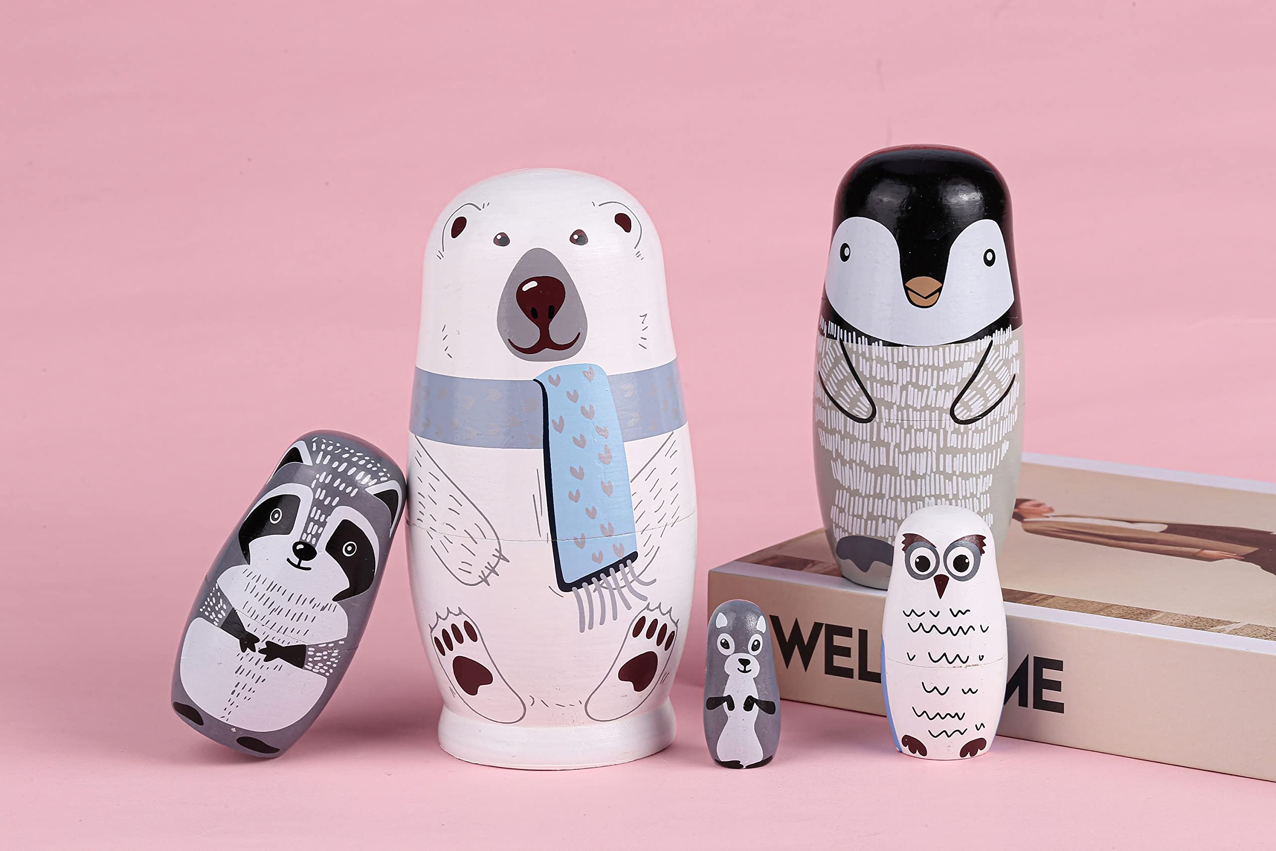 CozyCabin 5 Pcs Russian Nesting Dolls Cute Bear Handmade Wood Stacking Nesting Dolls Russian Matryoshka Dolls for Kids Boys Girls Birthday Holiday Wishing Gift (White Bears)