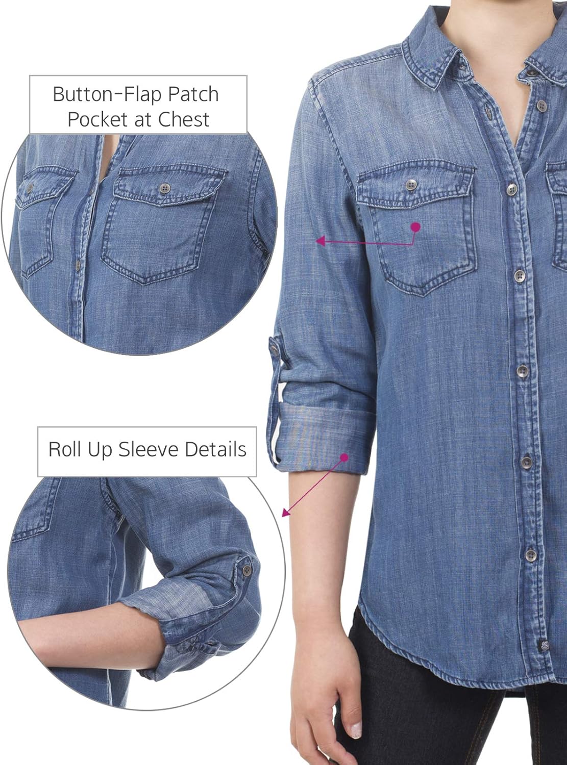 Design by Olivia Women's Classic Long/Roll Up Sleeve Button Down Denim Chambray Shirt: Clothing