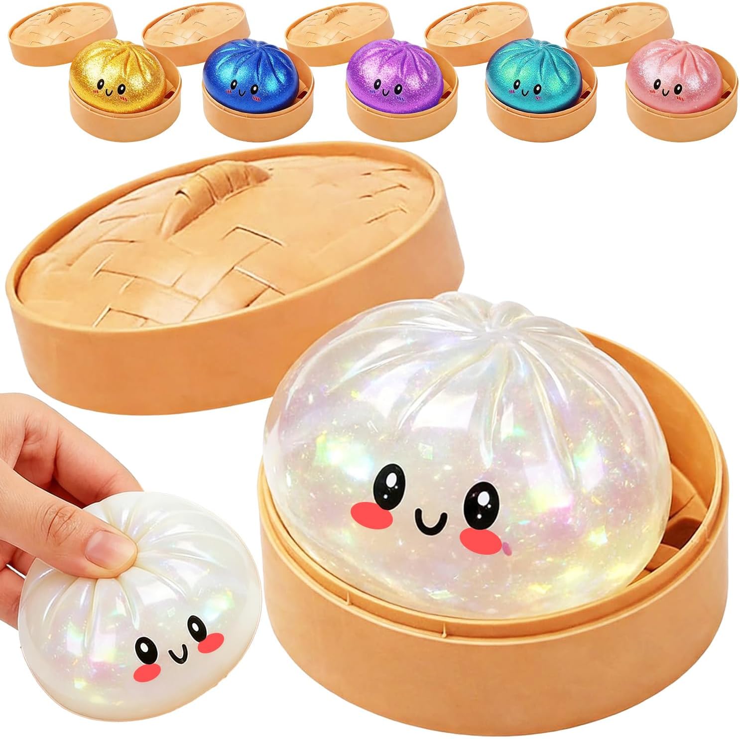 Dumpling Squishies Toy,Glitter Mystery Squishy Dumpling Box,Colorful Dumplings Stress Fidget Toys,Soft Anxiety Relief Sensory Squeeze for Toddler,Boys,Easter Basket Stuffers for Kids(Glitter Clear)