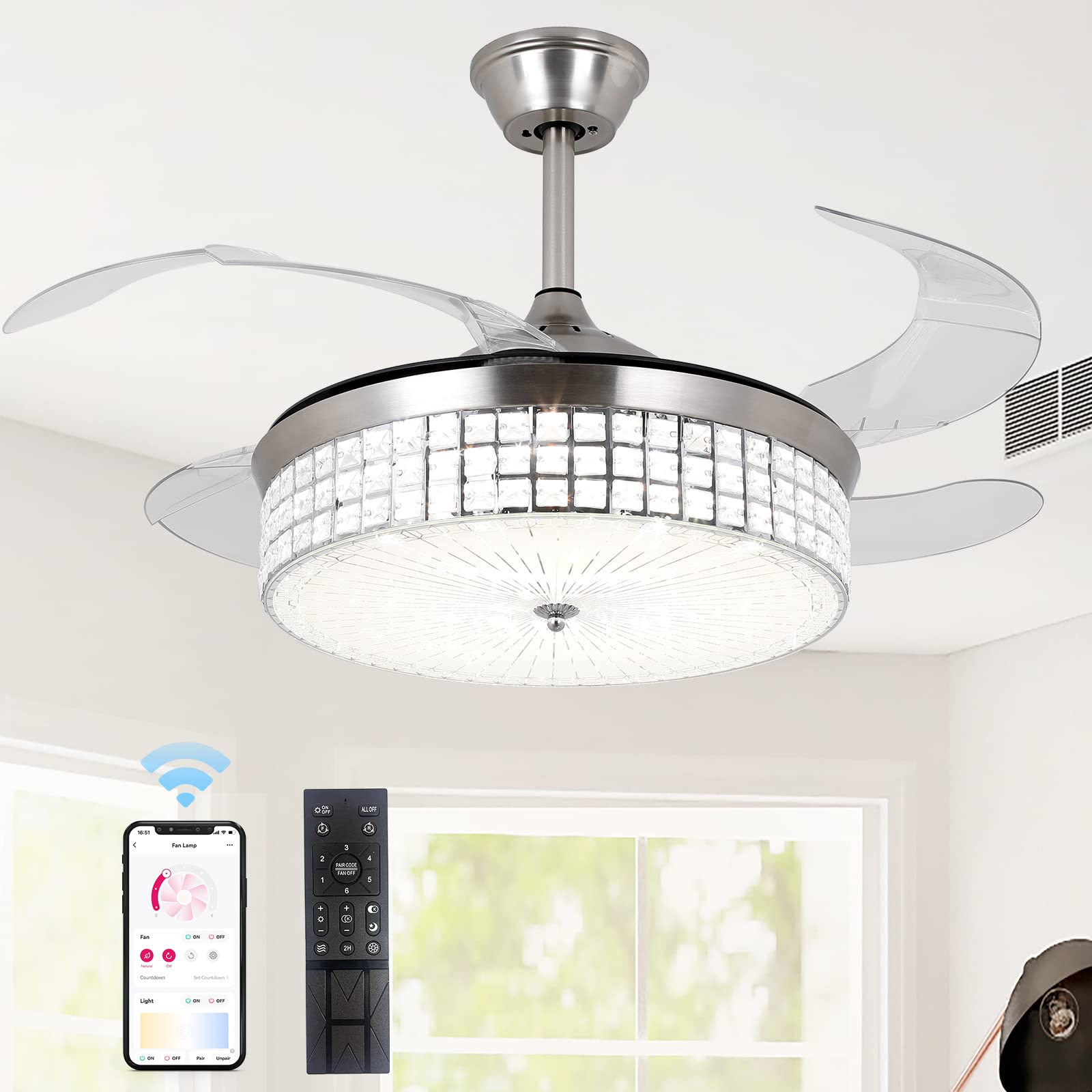 Photo 1 of STERREN Retractable Ceiling Fans with Lights and Remote Control, 42 Inch Modern Invisible Blades LED Ceiling Fan, Crystal Chandelier,Fandelier for Living Room,Bedroom,Dining Room