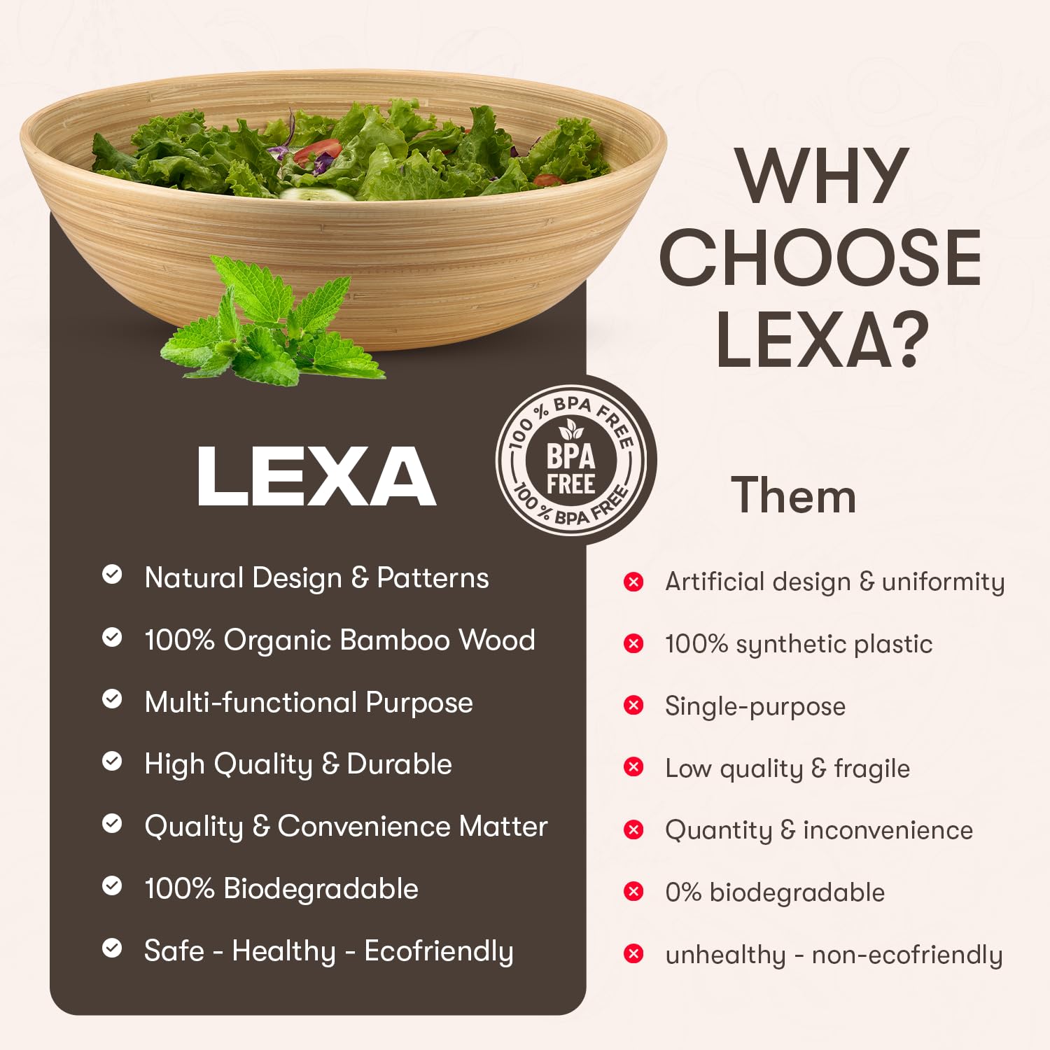 LEXA 12" Handmade Natural Bamboo Wooden Salad Bowl - 130 oz Lightweight Large Wooden Bowls for Food - Bamboo Wooden Fruit Bowl for Kitchen Counter, Wood Bowls for food - Wooden Serving Bowl for Snacks - Image 9