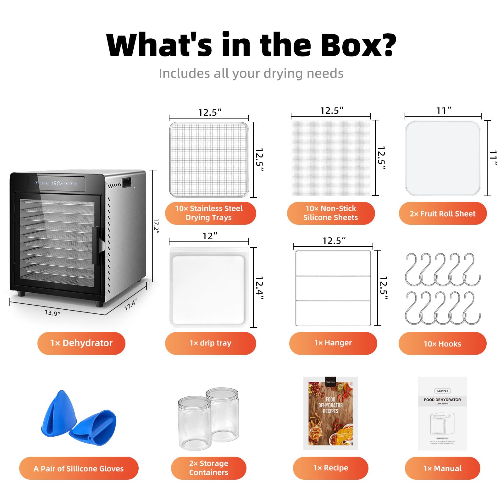 Septree 800W Food Dehydrator | Large 10 Stainless Steel Trays | Digital Adjustable 190°F Temperature& 24H Timer, Versatile Drying Machine for Jerky Herbs Fruit Mushrooms Yogurt, Built-in Light