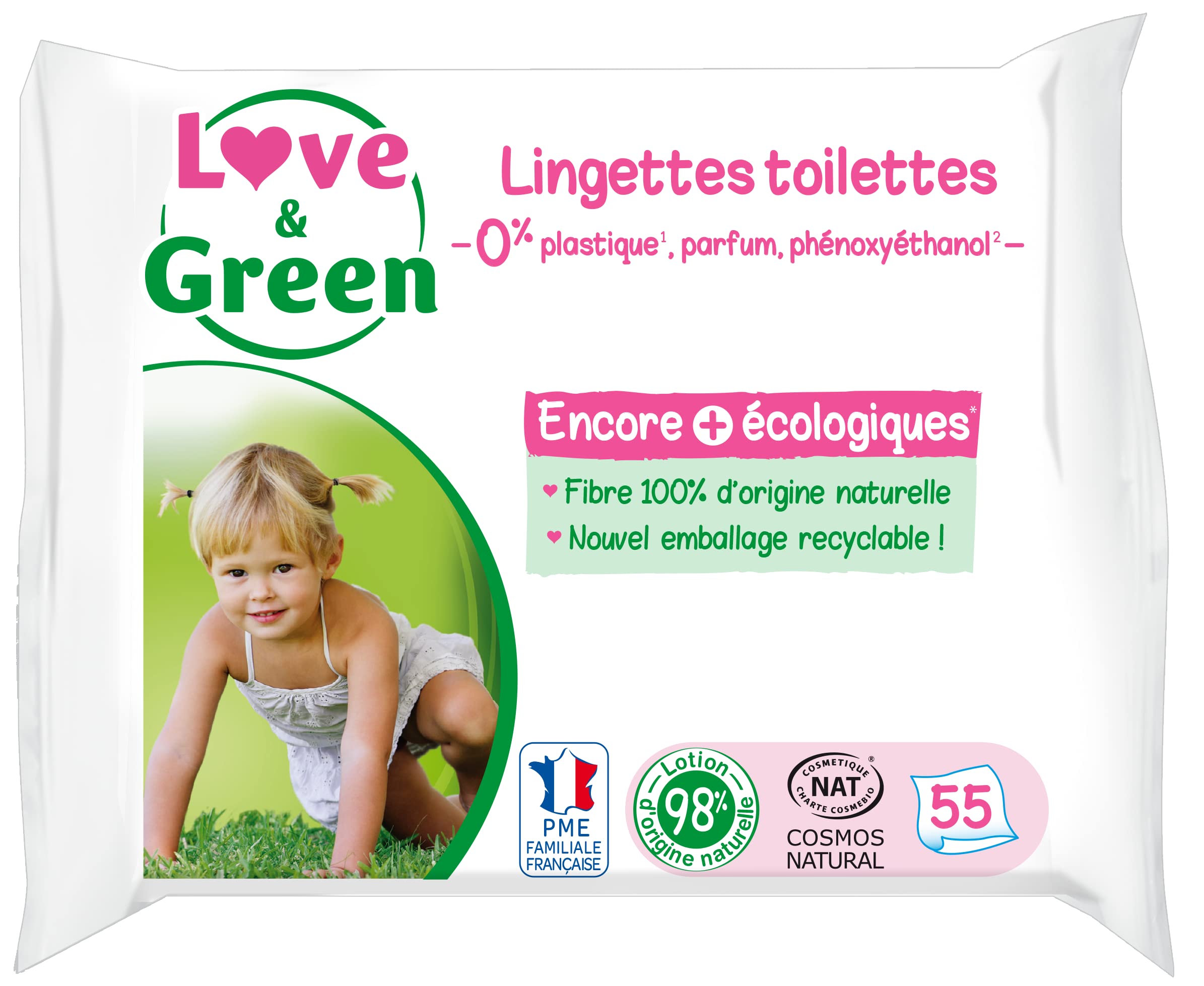 Love & Green Eco Friendly Toilet Wipes - Pack of 55 Wipes - Cosmo Natural Certified by Ecocert and FSC