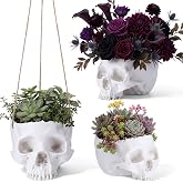Ferrochef 3 Pack Hanging Skull Planter Pot with Ropes, White | Resin Gothic Skeleton Flower Pot with Drainage Hole, Halloween Gothic Home Garden Decor for Succulents Cacti Indoor Outdoor