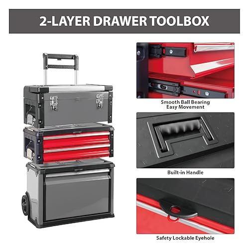 Big Red Stackable Rolling Tool Box Portable Metal Toolbox Organizer Separate Rolling Upright Trolley