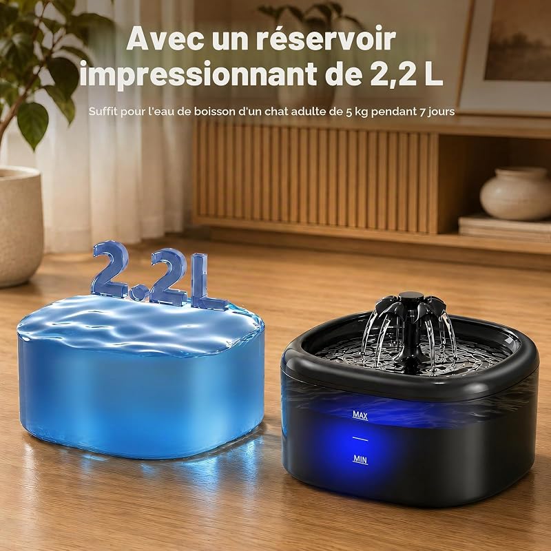 Fontaine à Eau pour Chats et Chiens, 2,2L Distributeur Automatique avec Indicateur LED, Pompe Ultra-Silencieuse, Système Triple Filtration, Abreuvoir sans BPA pour Animaux, Noir — photo 2 sur 8