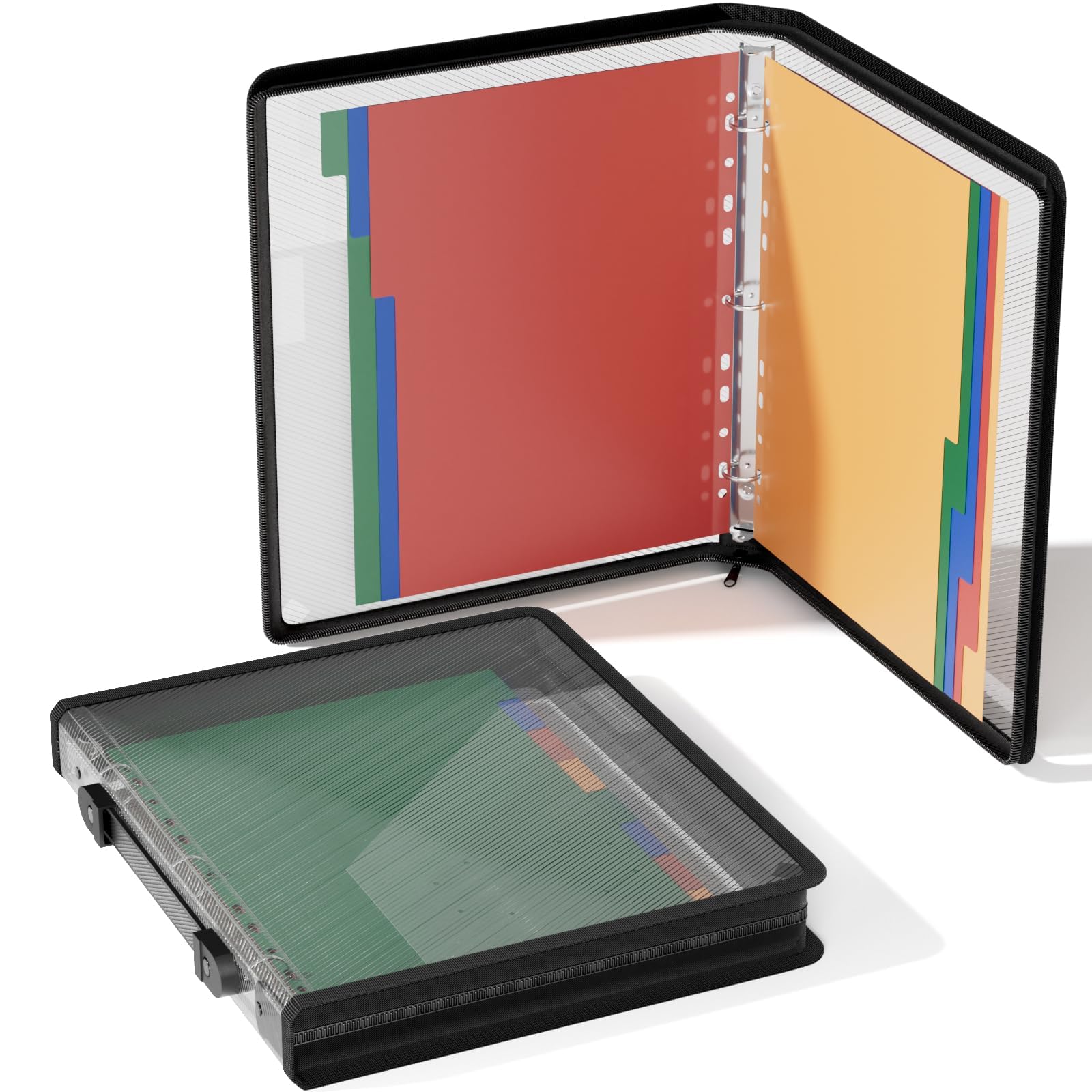 ABC life Zipper Binder with 8 Insertable Plastic Dividers, Document Folder 3 Ring Binder, Retractable Handle, Perfect for School,Project Organization, Holds 300 A4 Size Papers, Black Transparent