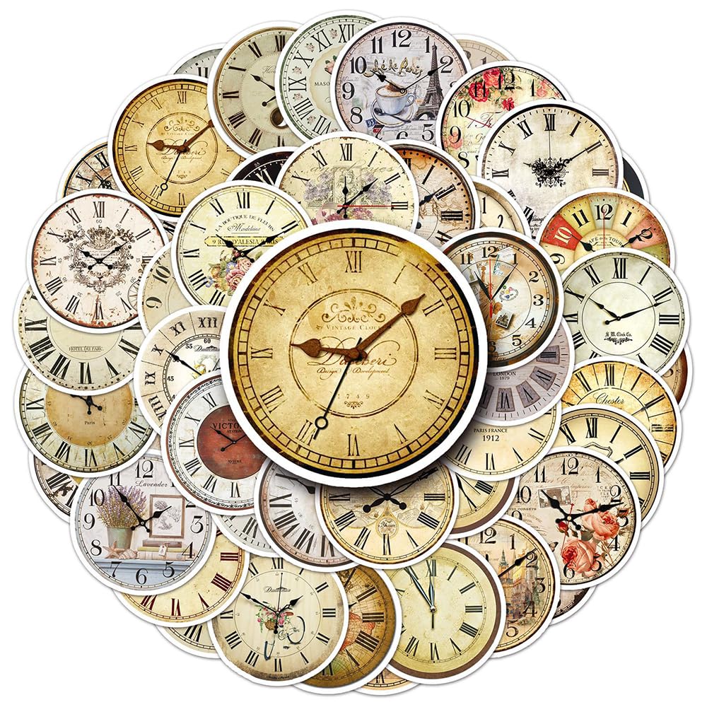 Vintage Clock Vinyl Stickers, 50 PCS Waterproof Illustrated Icon Decals for Laptops, Scrapbooking, Journals, Notebooks, Water Bottles, Suitcases, Phones & DIY Decor