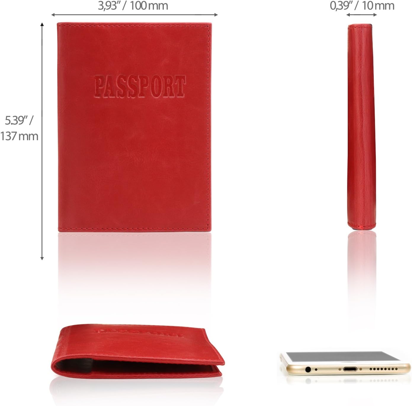 Otto Angelino Leather Passport Wallet - RFID Blocking - Unisex, Red - Image 3