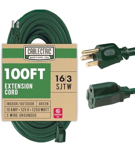PLUGTUL Cable De Extensión De Calibre 12 De 100 Pies, Cable De Extensión Iluminado Resistente, Enchufe A Tierra De 3 Puntas, Listado SJTW ETL De 15 A, 1875 W, Se Mantiene