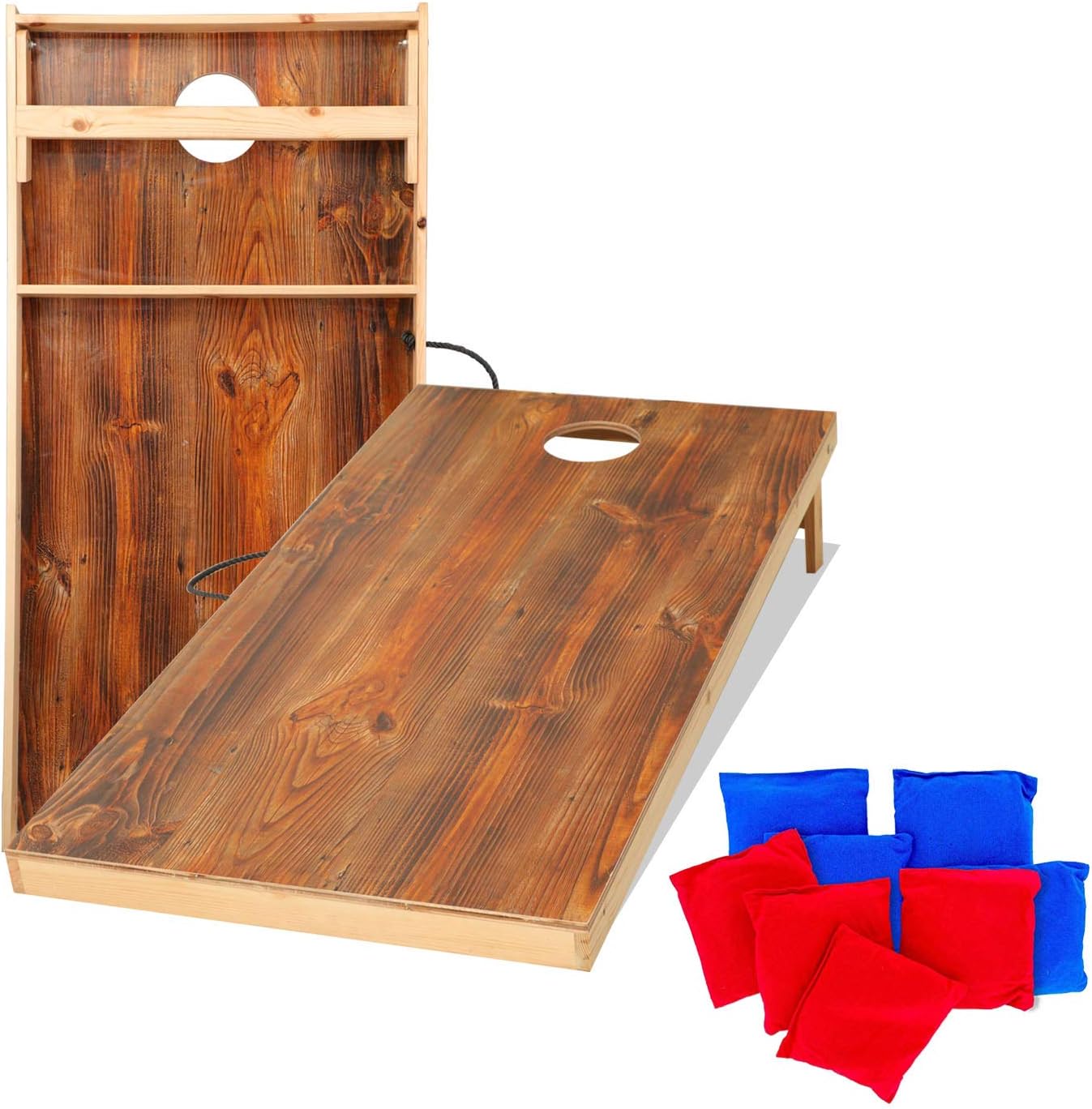 UKASE Solid Wood Cornhole Set Portable Toss Game with Bean Bags, Durable Wood Grain Printed Surface and Underneath for Indoor and Outdoor (Junior, Tailgate, Regulation)