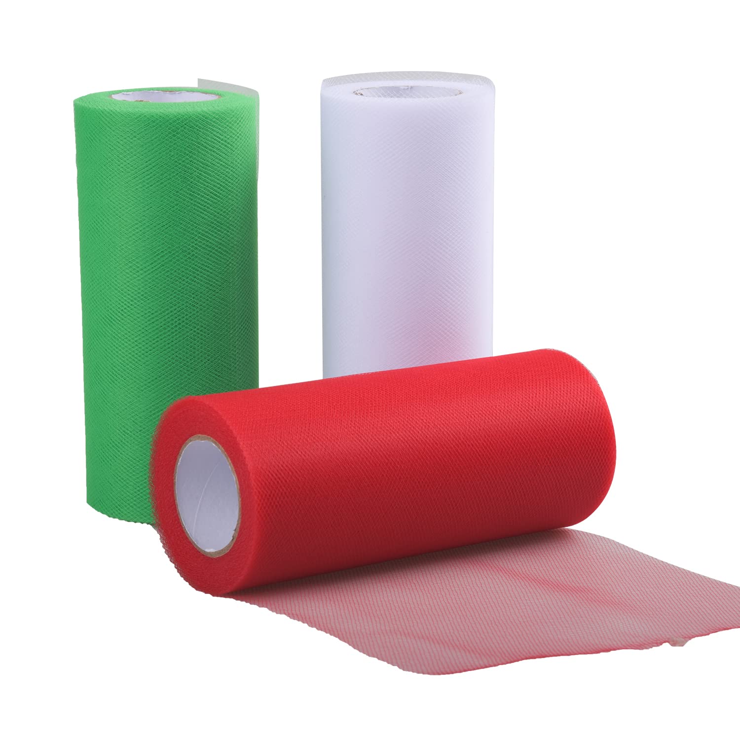 Euvoym 3 Rolls Christmas Tulle Fabric Spool Roll Red Green White Sheer Fabric Spool Ribbon for Tutu Bows Making Christmas Decoration, 6 Inches by 25 Yards/Spool