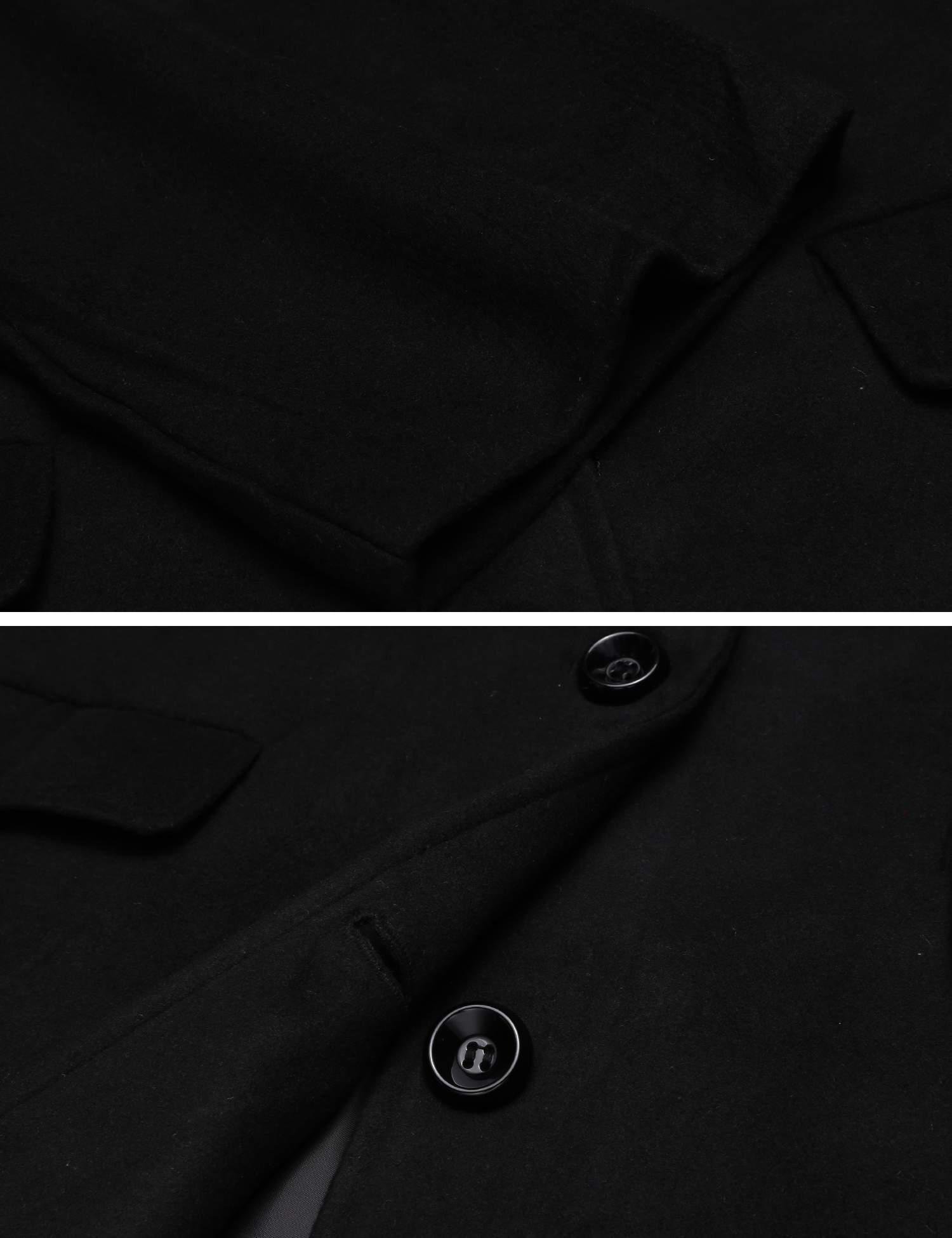 FineFolk Womens Winter Outdoor Classic Wool Blended Trench Coat Jacket Black