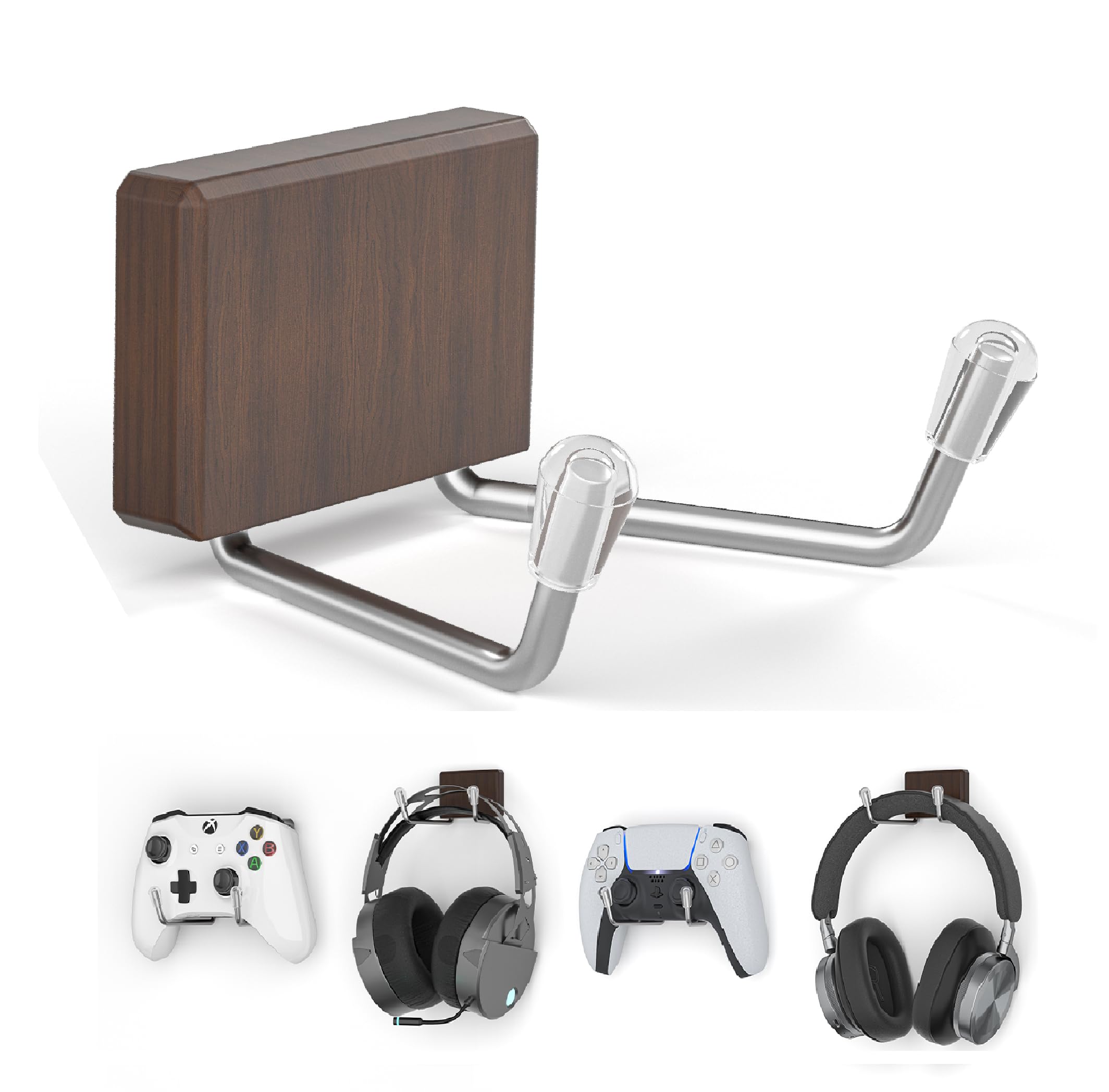 TOYOSO Magnetic Game Controller Holder: Walnut Wood Headphone Holder for Gamers - Headset Hanger Adhesive-Free 10lbs Strong Wall Mount for Xbox/PS5/Switch Controllers/PC Desk
