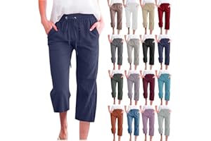 SMIDOW Capri Pants for Women Casual 2023 Summer Drawstring Elastic High Waist Linen Pant Straight Wide Leg Cropped Trouser
