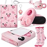 Buryeah 6 Pcs Cute Pig Gifts for Pig Lovers, Pink Slippers 14 oz Coffee Mug 59 x 51 Inch Blanket Gifts for Women Girls Tote Bag Socks 3D Pink Keychain for Birthday Mother's Day Teacher's Day