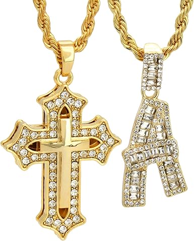 Gold Plated Cz 3d Double Cross Alphabet Letter A Z Pendant 24 Rope Chain Hip Hop Necklace A Amazon Com