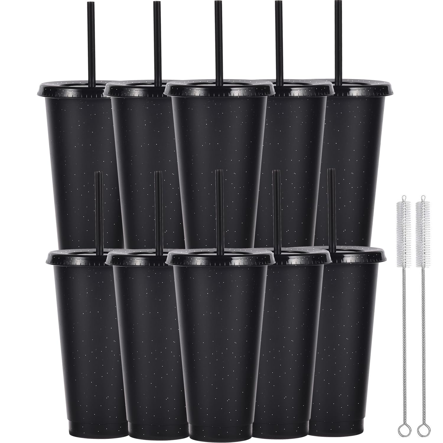 Yisituo 24 oz Reusable Plastic Cups, 10 Pack Cold Cups with Lid and Straw, Tumblers Travel Mugs for Adults Party and Beach, Pool Gatherings (10, Glitter Black)