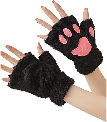 3 Pairs Cat Paw Gloves Fingerless Gloves Winter Plush Gloves